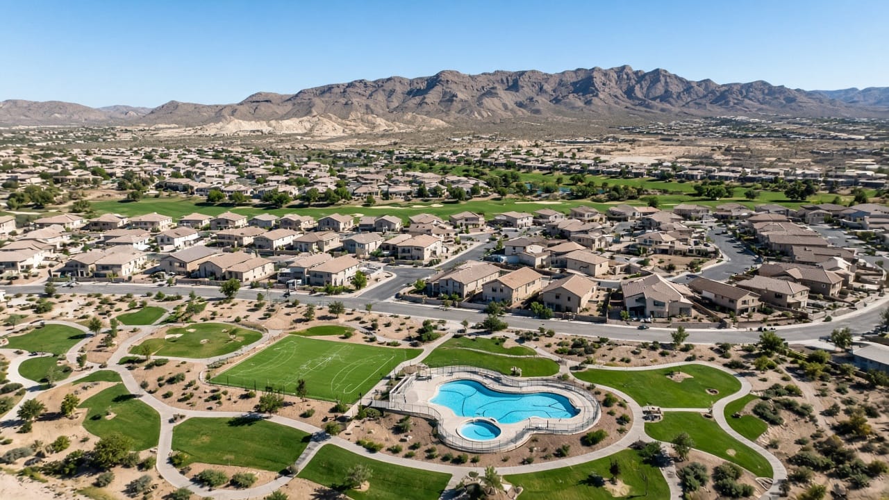 Aerial of Aliante parks, pool, and rooftops in North Las Vegas 89084
